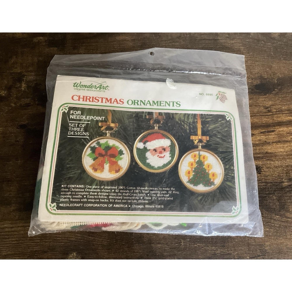 Wonderart SET OF 3 CHRISTMAS ORNAMENTS Needlepoint Kit #6890 New